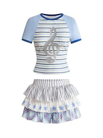 Kawaii Y2K Treble Clef Flügel Muster Taillengurt Rock 2-teiliges Set für Frauen