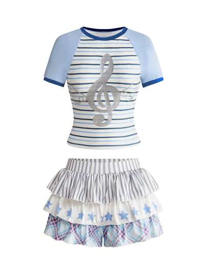 Kawaii Y2K Treble Clef Wing Print Low Waist Skirt 2 Pieces Set For Women