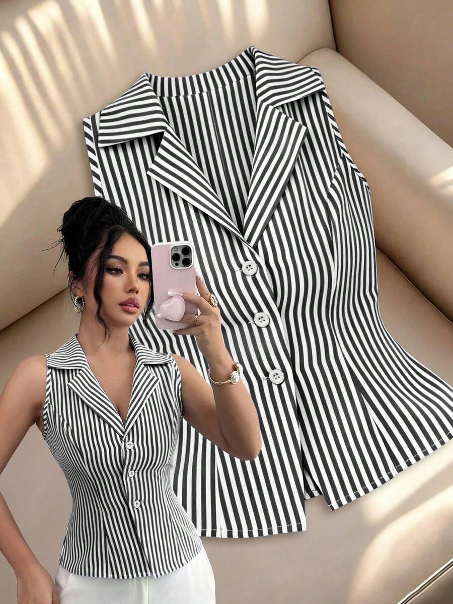 Elenzga Elegante gestreifte sexy Sommerweste für Damen, Urlaubslook - Schwarz und Weiss - Übersicht 1