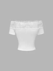 SHEIN MOD Women's Elegant Solid Color Off Shoulder Lace Patchwork T-Shirt, Summer, Short Sleeveslacey Off Shoulder Tops - White - View 2