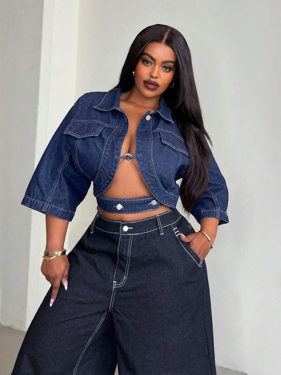 Jeanoix Y2K Plus Size Denim Jacket, Slim Fit Asymmetrical Cropped Jacket, Dark Blue Denim Jacket - Dark Wash - View 1
