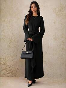 SHEIN Tall 2025夏季與初秋新款，適合生日派對、畢業季、日常出遊，百搭休閒度假、郵輪旅行、海灘與海邊日光浴，網紅熱銷，休閒優雅，通勤派對，圓領長袖喇叭袖，腰部繫帶設計，修身超長洋裝，棕色女款長洋裝 -A，適合高個女性 - 黑色 - 查看 6