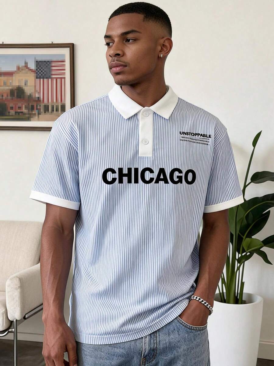 Manfinity Hypemode Men's Casual Striped Letter Polo Shirt, Suitable For School And Outings - Baby Blue - View 1
