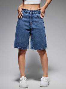 SHEIN EZwear 女款夏季休閒水洗寬鬆牛仔短褲 - 彩色 - 查看 5
