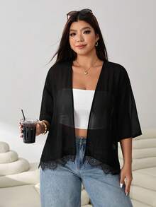 Solflare Plus Size Solid Color Minimalist Sheer Jacket - Black - View 3