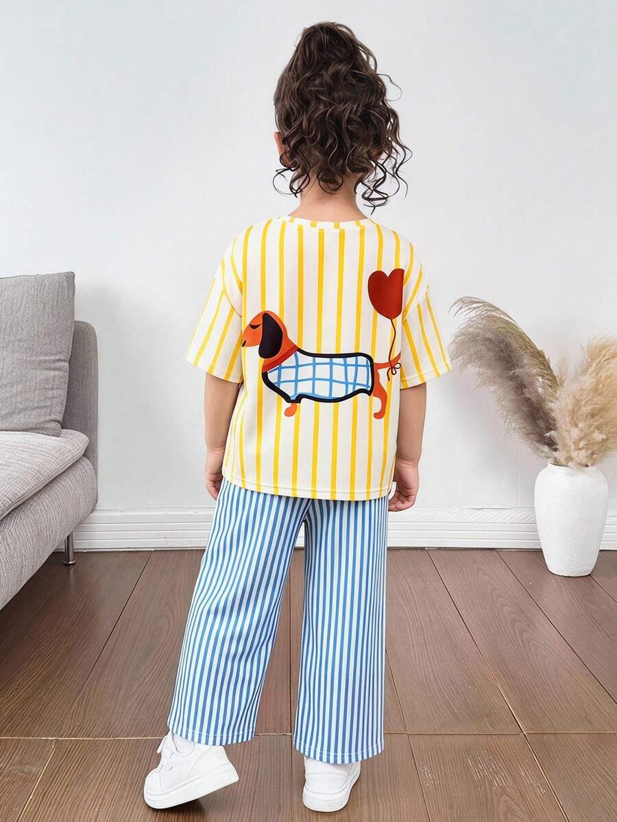 SHEIN 2件套女童针织条纹圆领休闲T恤和梭织条纹裤套装 - 彩色 - 查看 1