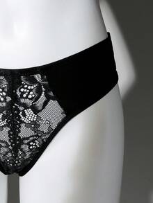 Seduluxe 1件女款蕾絲拼接舒適性感內褲 - 黑色 - 查看 10