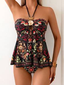 Swim Lushoire Women's Mature Vacation Tankini Tankini Set, 2-Piece Design With Wide Skirt, Print, Metal Gold Conch Shell Shape Trim, Gold Bead Shoulder Straps, 2-Piece Mature Vacation Tankini Tankini - Black - View 4