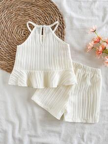 SHEIN Vintaside Kids 2件組女嬰幼兒/新生兒0-3歲春夏季復古鉤編蕾絲條紋紋理面料度假出遊細肩帶上衣+短褲套裝嬰兒春夏季服飾 - 杏色 - 查看 2