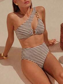 Swim Chiccia 夏季海灘條紋環狀非對稱領口高腰兩件式泳衣 - 彩色 - 查看 1