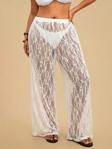Travachic Pantalones de playa transparentes de encaje de unicolor para mujer talla grande, casual, vacaciones, atuendos de vacaciones para mujer, vacaciones, atuendos de vacaciones de verano, atuendos de vacaciones para mujer, vacaciones - Blanco - Ver 1