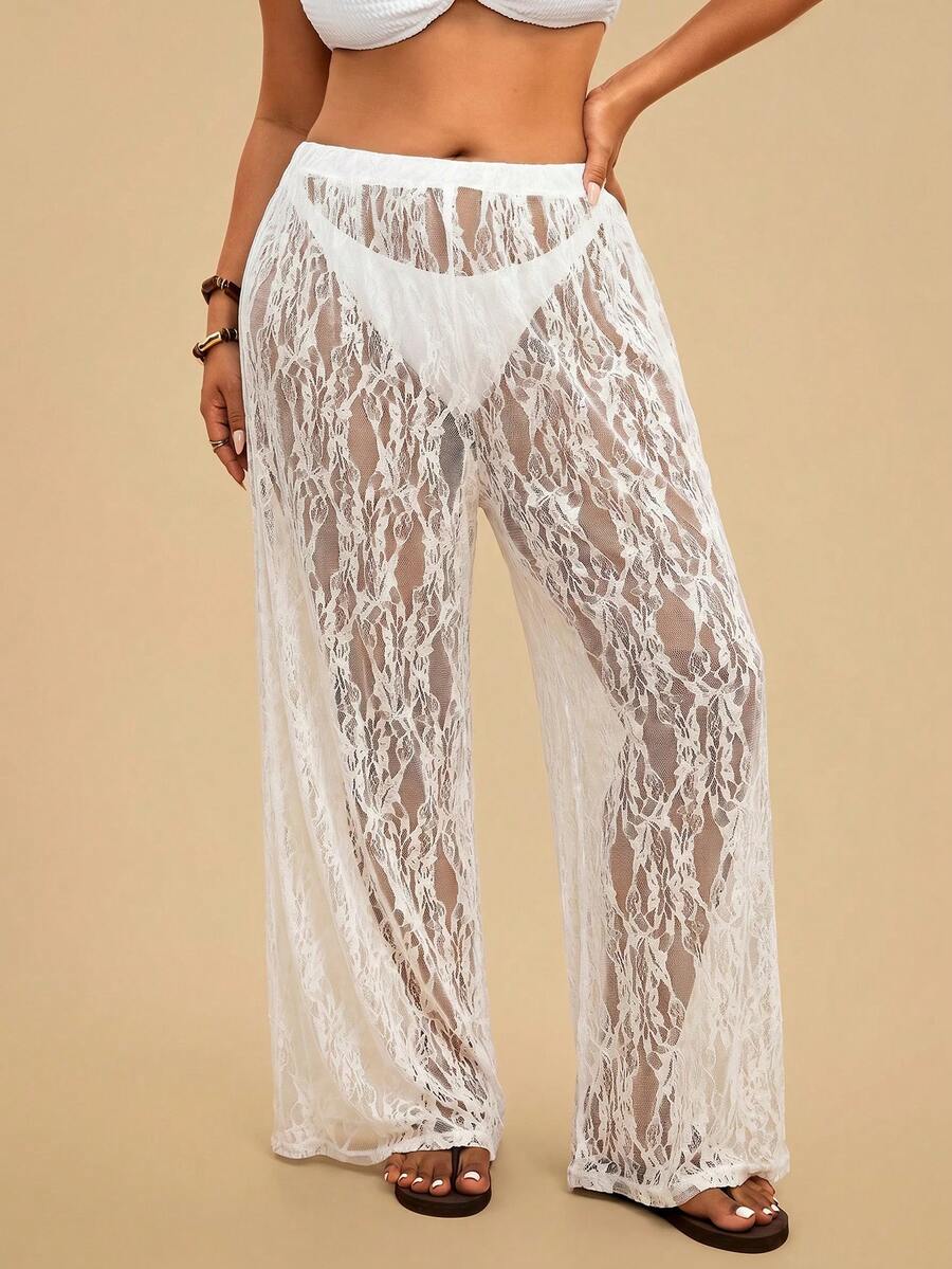 Travachic Pantalones de playa transparentes de encaje de unicolor para mujer talla grande, casual, vacaciones, atuendos de vacaciones para mujer, vacaciones, atuendos de vacaciones de verano, atuendos de vacaciones para mujer, vacaciones - Blanco - Ver 1
