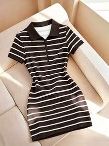 GlowEve 女款翻領拉鍊 POLO 衫 T-Shirt 洋裝，修身復古運動風棕色條紋，適合夏季休閒外出、休閒運動、校園、早午餐 - 彩色 - 查看 3