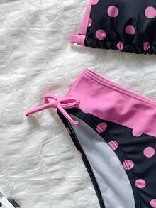 SHEIN 青少年女孩純色極簡波點細肩帶比基尼套裝，休閒海灘度假穿搭，夏季海灘，時尚新風格 - 彩色 - 查看 4