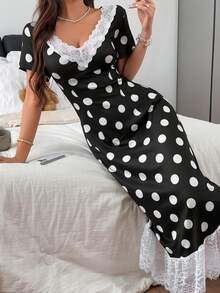 SHEIN Lace Polka Dot Print Long Short Sleeve Nightgown - Multicolor - View 3