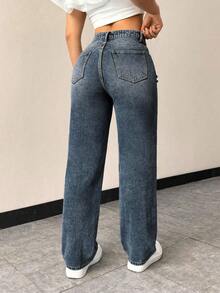 EMERY ROSE Distressed Straight Leg Denim Jeans Suitable For Daily Wear Everyday Dark Blue Summer Casual - Blue - View 3