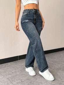 EMERY ROSE Distressed Straight Leg Denim Jeans Suitable For Daily Wear Everyday Dark Blue Summer Casual - Blue - View 5