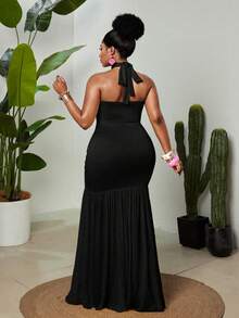 Maweii Rochie de vară din material tricotat elastic, cu guler halter, talie cu fundă, volane și patchwork din plasă, fără mâneci, ținută de petrecere, stil elegant și sofisticat - Negru - Vizualizare 2