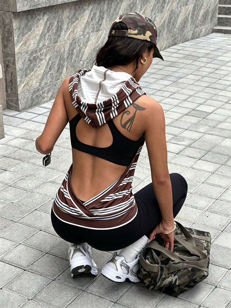 Dewbera Dewbera 女款夏季戶外健身運動條紋印花前口袋無袖連帽背部鏤空設計性感瑜伽運動衫 - 彩色 - 查看 1