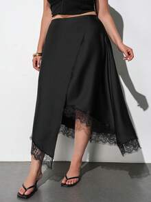 Maija Plus Size Black Elegant Sexy Skirt For Women, Autumn Vintage Asymmetrical Lace Hem Elastic Waist Skirts, Versatile Dinner Cocktail Party Wedding Guest - Black - View 5