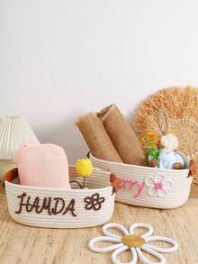 Customized 1pc Handwoven Rope Storage Basket, Suitable For Bathroom, Bedroom, Living Room, Pets Toys, Valentine's Day, Wedding, Home Decor, Halloween, Back To School Student Storage Box,Home Refresh,Customized Storage Basket,Easy Comfort,Home & Living,Christmas Home Atmosphere,Souvenirs,Reusable,Adorable,High-Quality,Elegant Living - White - View 10