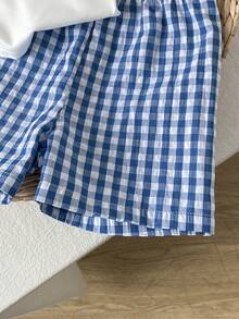 SHEIN 2件/套 男嬰度假印花圖案上衣搭配時尚藍色格紋短褲套裝，適合度假、夏季、旅行、上學、節日，男童套裝，男嬰套裝 - 彩色 - 查看 7