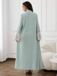 Al Najma Women's Contrast Lace Stand Collar Long Sleeve Elegant Arabian Dress - Green - View 3
