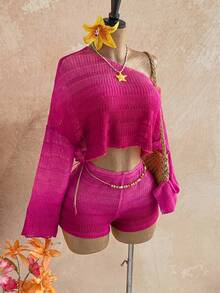 Soleia Bộ đồ 2 mảnh dành cho nữ: Áo trễ vai và quần short kiểu ombre. - Màu Hồng Tươi - Xem 5