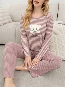 Cotton Women 2pcs Contrast Colour Slogan Lettered Long Sleeve Top&Striped Heart Pattern Sleep Pants Homewear Pajama Set - Dusty Pink - View 3