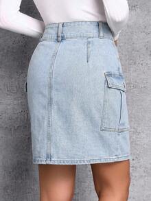 SHEIN Essnce 夏季休閒工裝牛仔裙 - 淺色水洗藍 - 查看 3