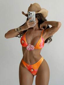 Swim SXY 夏季海灘女款三件式泳衣套裝，粉色蘭花印花，仿真花飾，掛脖上衣，比基尼泳褲，美人魚長裙，性感泳裝套裝 - 橘色 - 查看 3