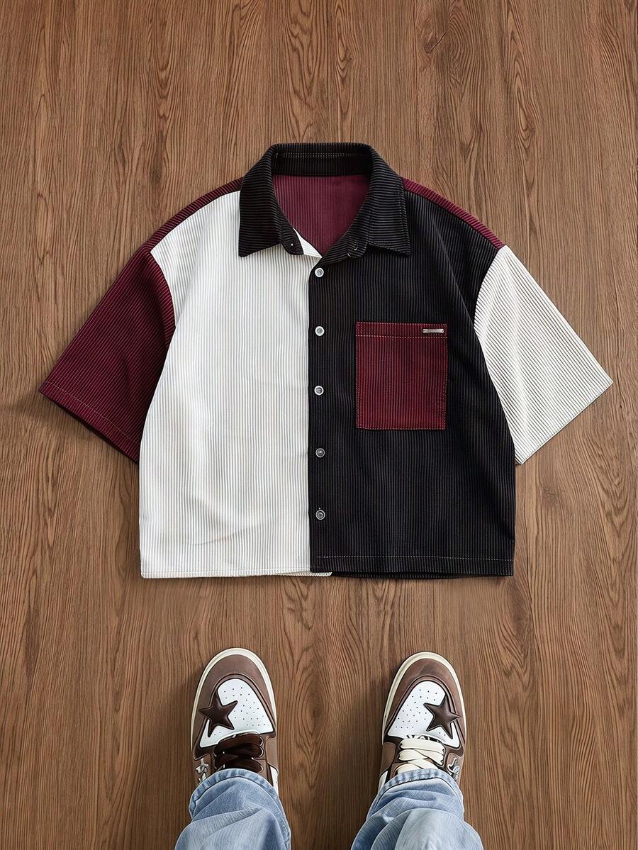 SWAVVY Men's Patchwork Corduroy Short Sleeve Shirt, Spring/Summer,Holiday,Daily Wear Shirt, Cargo Short Shirt,Casual Versatile Daily Wear Short Sleeve Shirt - Red and White - View 1