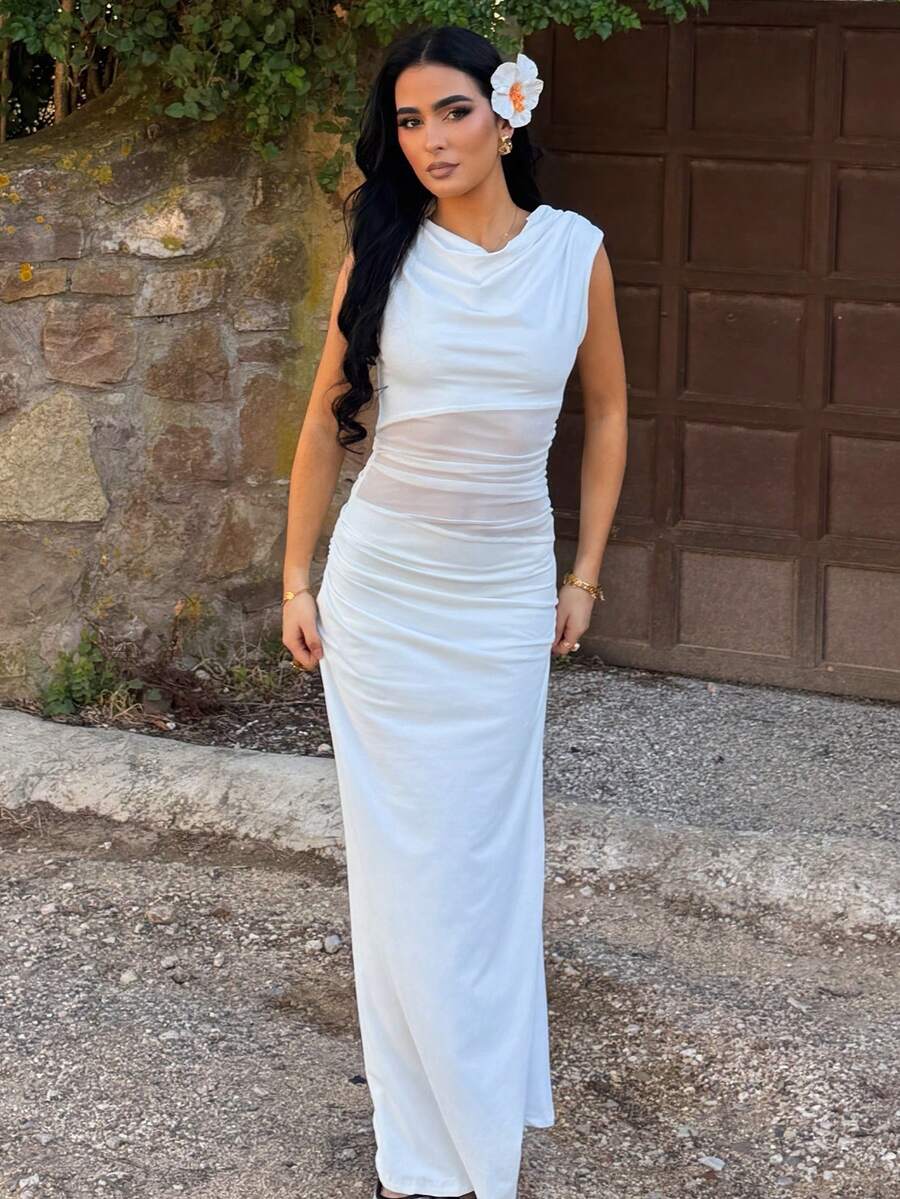AfricaSnchz New Summer Women Elegant Graceful Ladylike Holiday & Travel Romantic Date White Sleeveless Waist Sheer Mesh Ruffle Fishtail Dress, All White Party Outfit Women