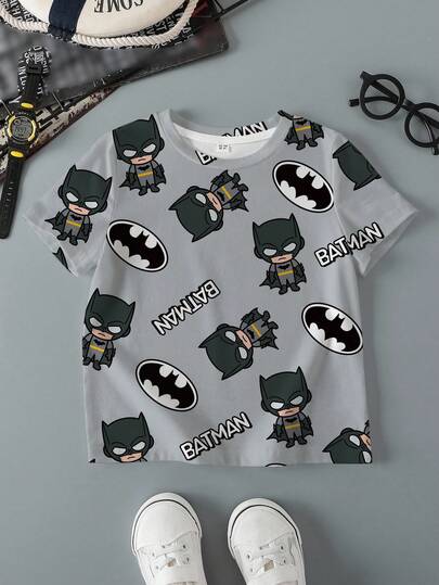 BATMAN X SHEIN Young Boy Round Neck Short Sleeve Casual Versatile T-Shirt