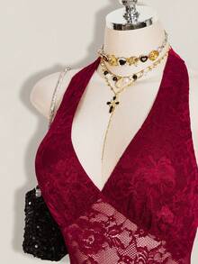 SHEIN ICON Plus Size V-Neck Halter Backless Waist Hollow Lace Patchwork Bodycon Dress - Burgundy - View 5