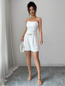 SHEIN Clasi High-Waisted Design Solid Color Hollow Out European And American Style 3D Floral Applique Casual French Elegant Shorts Vacation White Summer Brunch - White - View 5