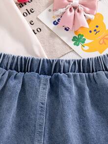 Souflis Souflis 2piezas/Set Top de manga corta con cuello redondo y estampado de lazo inglés en el frente con puño en contraste & Falda-pantalón de mezclilla con lazo 3D para niña bebé, paleta de colores Maillard simple, linda y versátil para el verano - Multicolor - Ver 5