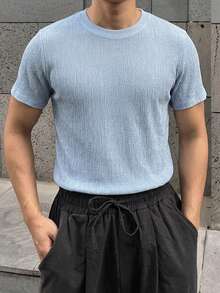 DAZY 夏季短袖藍色羅紋彈性面料男士T恤 - 藍色 - 查看 7