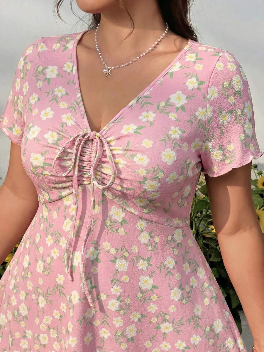 GalTyme Plus Size Women's Floral Print V-Neck Drawstring Ruched Short Sleeve Dress - Pink - View 1