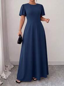 Elenzga Vestido Maxi Elegante Estilo Conmutador para Mujer Talla Grande Primavera/Verano, Estampado Floral Azul Marino, Manga Volante, Definición de Cintura, Efecto Estilizador. Adecuado para Oficina, Citas de Negocios, Salidas Diarias, Vacaciones, Ropa de Moda Estilo Conmutador Elegante. - Azul - Ver 6