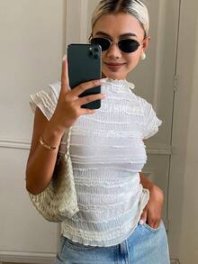 DAZY Women's Turtleneck Fitted Short Sleeve T-Shirt Y2K Cute Everyday White Summer - White - View 3