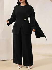 Veilorie Plus Size 2 Pieces Set Elegant Solid Color Metal Decor Shawl Ribbon Design Top And Long Pants Fall - Black - View 9