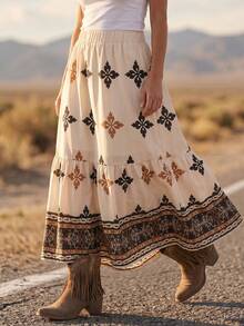 LanaWest Women's Summer Vintage Boho Floral Pattern West Casual Skirt Vacation Beige - Multicolor - View 8