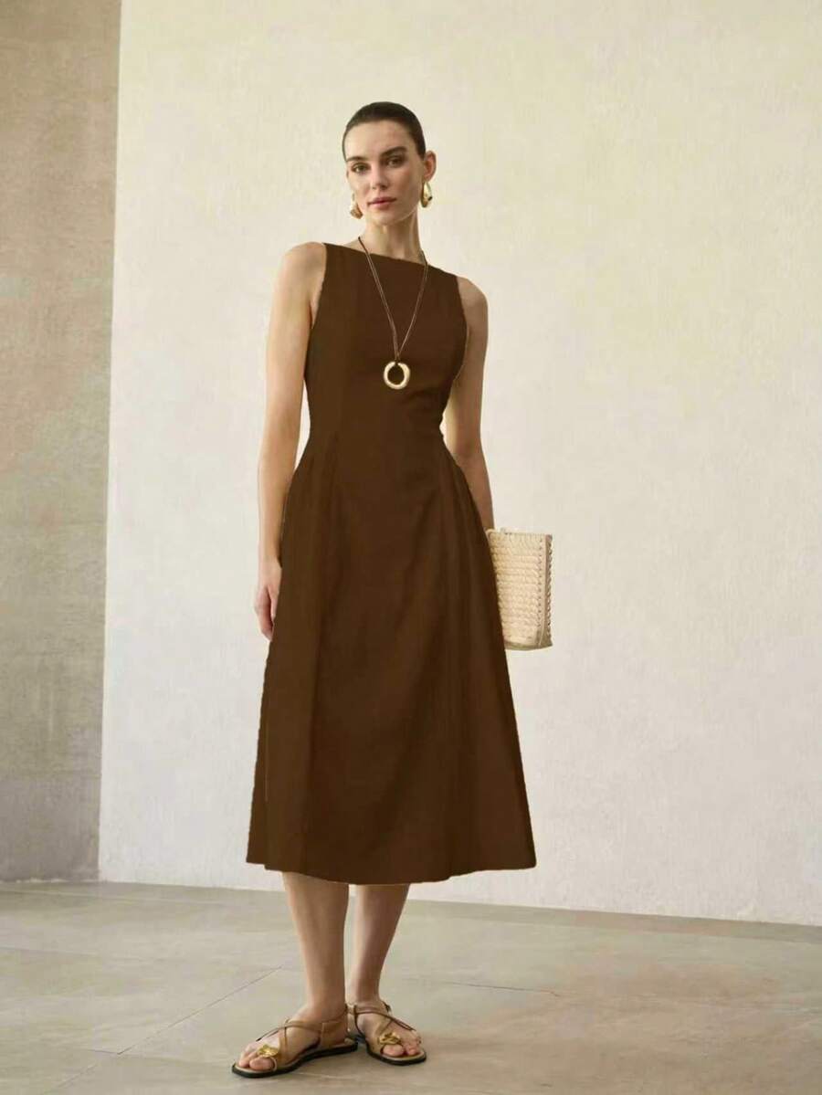 MOTF PREMIUM WOMEN'S SOLID COLOR SLEEVELESS MIDI DRESS - Coffee Brown - View 1