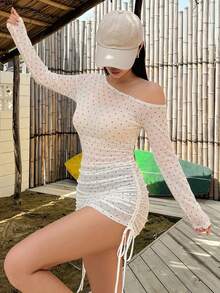 DAZY 女款夏季不對稱單肩抽繩抓皺沙灘罩衫 性感極簡半透長袖泳衣外罩 - 彩色 - 查看 3