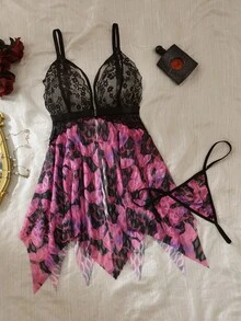 Seduluxe 2pcs/Set Camisón Sexy para Mujer Talla Grande con Encaje, Malla de Contraste, Color de Contraste y Botones Delanteros - Multicolor - Ver 1