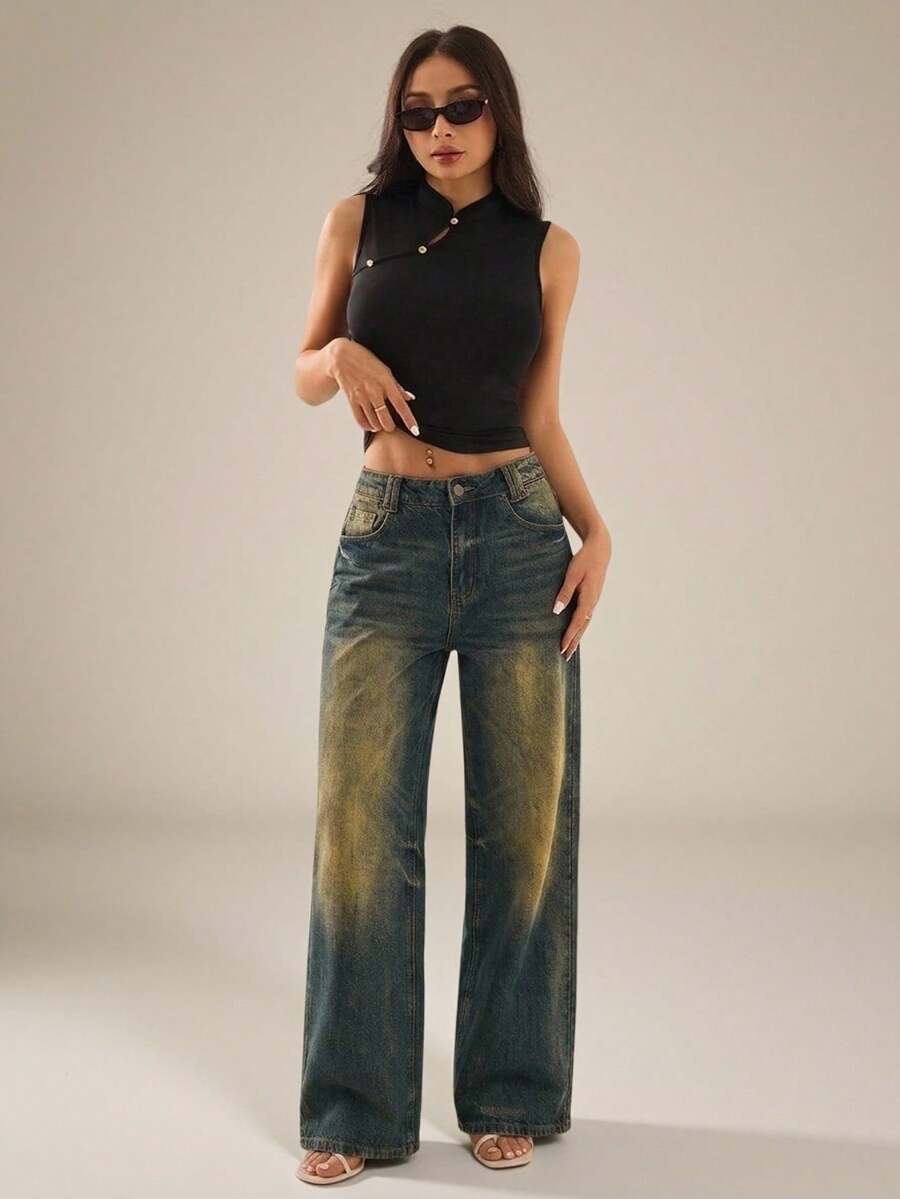 SHEIN PETITE 女士复古中国风旗袍领背心，黑色上衣，休闲套头衫，适合度假、休闲、优雅的女士上衣，日常通勤休闲上衣。黑色无袖高领上衣，黑色夏季上衣 - 黑色 - 查看 1