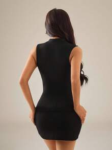 SHEIN PETITE 女士复古中国风旗袍领背心，黑色上衣，休闲套头衫，适合度假、休闲、优雅的女士上衣，日常通勤休闲上衣。黑色无袖高领上衣，黑色夏季上衣 - 黑色 - 查看 7