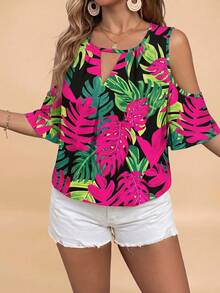EMERY ROSE Camisa estampada de talla grande con estampado floral tropical casual y minimalista en toda la prenda - Multicolor - Ver 5