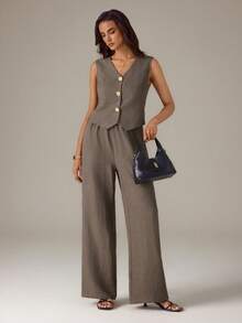 SHEIN Tall Women's Metal Single-Breasted Vest And Pants Casual 2 Pieces Set - Brown - View 6